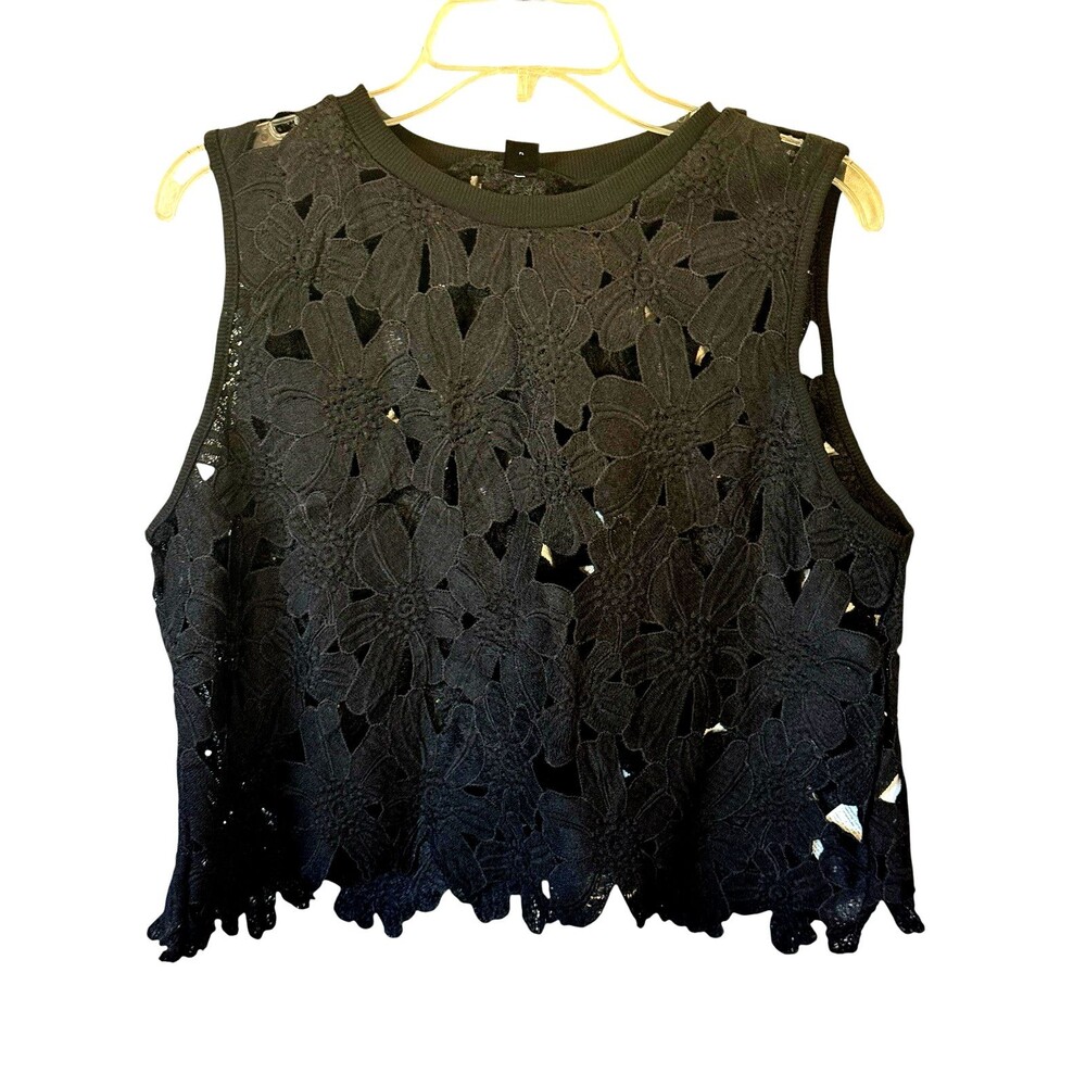 Women's Black Floral Cutout Sleeveless Black Crop Top Large